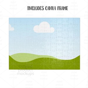 Puede incluir: Un rompecabezas con un dise&ntilde;o de cielo y paisaje. El rompecabezas presenta un cielo azul claro con nubes blancas y una colina verde en la parte inferior. El texto "INCLUDES CANVA FRAME" est&aacute; en la parte superior.