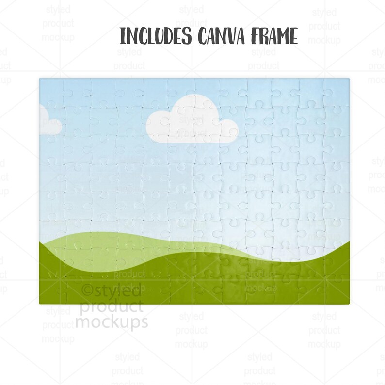 Puede incluir: Un rompecabezas con un dise&ntilde;o de cielo y paisaje. El rompecabezas presenta un cielo azul claro con nubes blancas y una colina verde en la parte inferior. El texto "INCLUDES CANVA FRAME" est&aacute; en la parte superior.