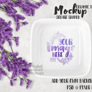 May include: White ceramic square tray with a floral design and the text "YOUR Image HERE". The tray is on a white background with purple flowers.
