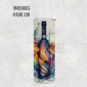 May include: A stainless steel tumbler with a colourful wine-themed design. The design features a wine bottle and two glasses with a rainbow of colours. The tumbler includes a basic lid and a straw.