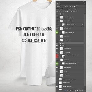 Pu&ograve; includere: Una t-shirt bianca e un mockup di bicchiere bianco visualizzati accanto a un pannello di interfaccia software digitale. Il testo PSD ORGANIZED LAYERS FOR COMPLETE CUSTOMIZATION &egrave; visibile sulla maglietta. Il pannello mostra impostazioni.