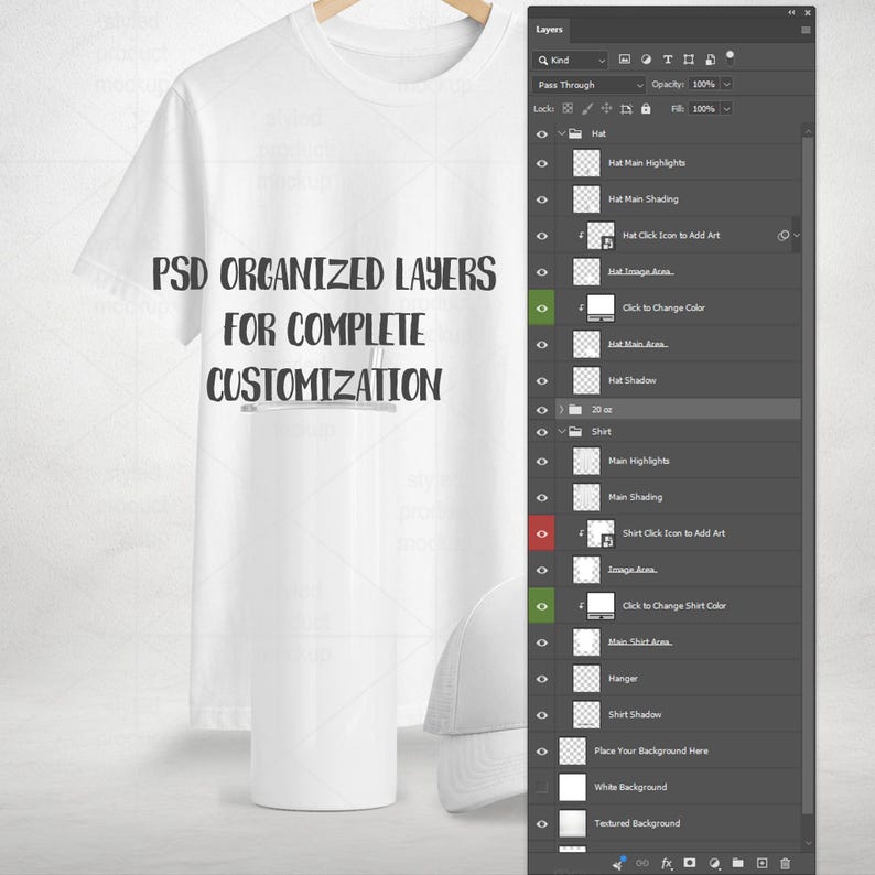 Pu&ograve; includere: Una t-shirt bianca e un mockup di bicchiere bianco visualizzati accanto a un pannello di interfaccia software digitale. Il testo PSD ORGANIZED LAYERS FOR COMPLETE CUSTOMIZATION &egrave; visibile sulla maglietta. Il pannello mostra impostazioni.