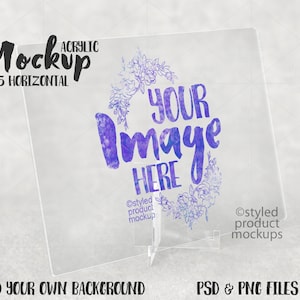 A5 sized clear acrylic panel on clear acrylic stand horizontal Mockup | Add your own image and background