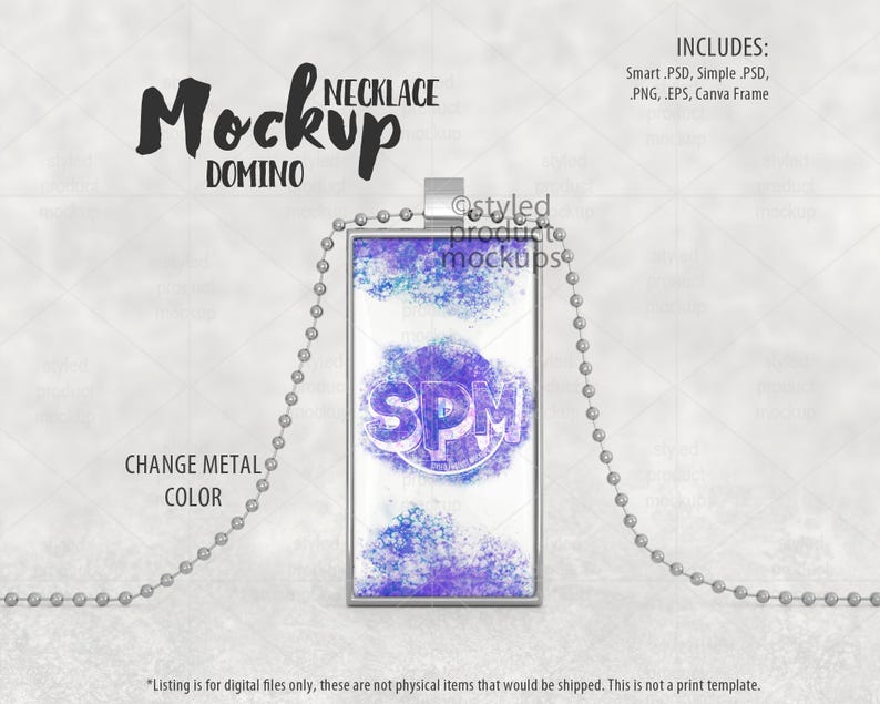 May include: A silver necklace mockup with a rectangular pendant featuring a purple and blue watercolor design. The pendant has a silver frame and the text "SPM" is visible in the center. The necklace is on a white background.