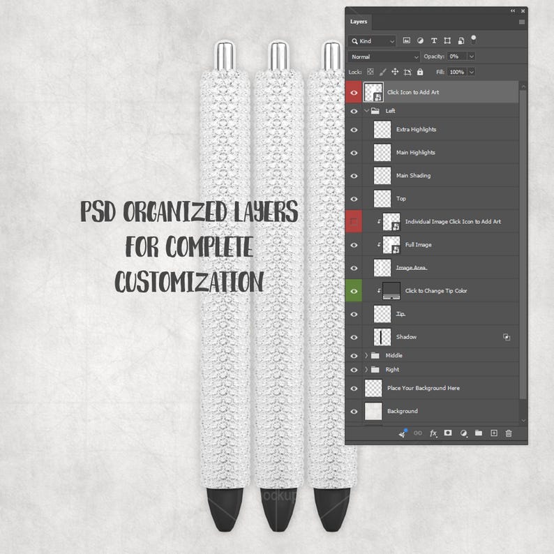 May include: Three white pens with textured, patterned barrels and silver tops. The pen tips are black. Text on the left reads "PSD ORGANIZED LAYERS FOR COMPLETE CUSTOMIZATION". A digital interface is on the right.
