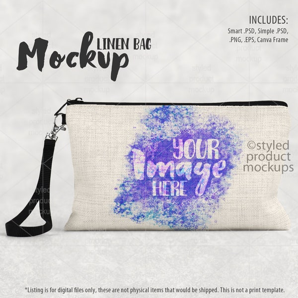 Linen cosmetic bag with wrist strap Mockup | Add your own image and background