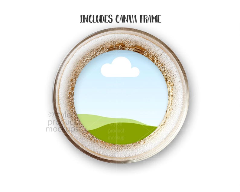 May include: A top-down view of a clear glass with a foamy, light brown liquid. The center of the glass features a blue sky with a white cloud and green hills. The text "INCLUDES CANVA FRAME" is at the top.