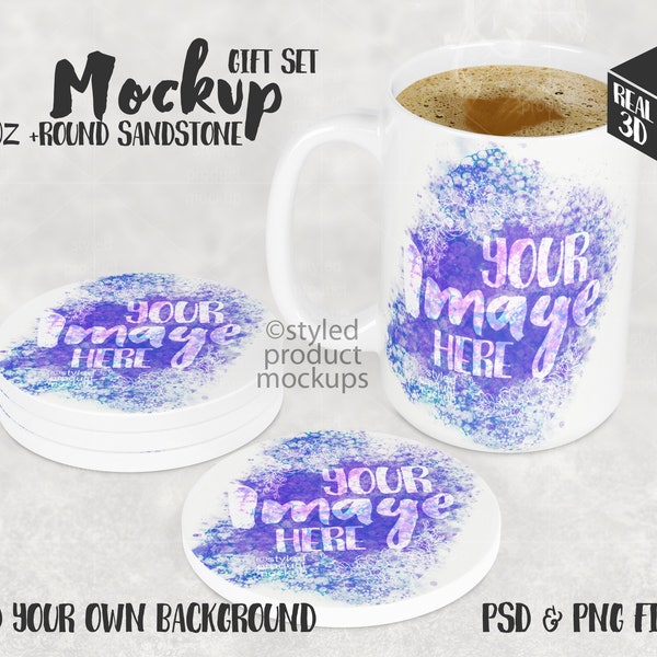 Dye sublimation 15oz mug with set of round sandstone coasters Mockup | Add your own image and background