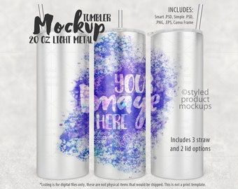Dye sublimation 20oz skinny stainless steel tumbler full wrap view Mockup | Add your own image and background
