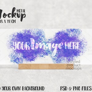 Dye sublimation 38x14cm aluminum panel on wood stand Mockup | Add your own image and background