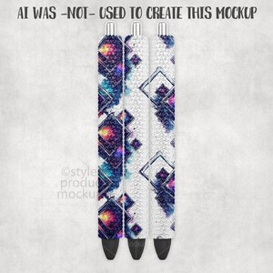 May include: Three pens with distinct designs. One pen showcases a galaxy-inspired pattern with blues, purples, and pinks. The other two pens have a white background with a geometric design. The text "AI WAS -NOT- USED TO CREATE THIS MOCKUP" is at the top.