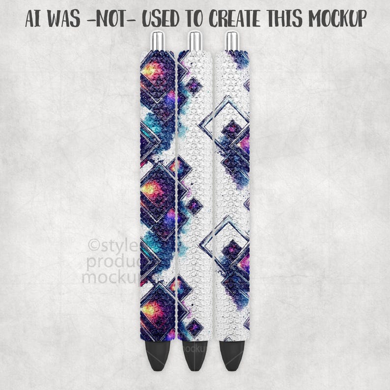 May include: Three pens with distinct designs. One pen showcases a galaxy-inspired pattern with blues, purples, and pinks. The other two pens have a white background with a geometric design. The text "AI WAS -NOT- USED TO CREATE THIS MOCKUP" is at the top.