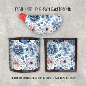 May include: A digital mockup featuring a semi-circular pouch, a cylindrical container, and a square container, all decorated with a watercolor floral pattern in shades of blue and soft pink. Text reads EASILY ADD YOUR OWN BACKGROUND and PATTERN AVAILABLE FOR PURCHASE - SEE DESCRIPTION.