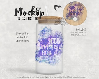 Dye sublimation 16oz frosted glass soda can shape cup with bamboo lid and straw Mockup | Add your own image and background