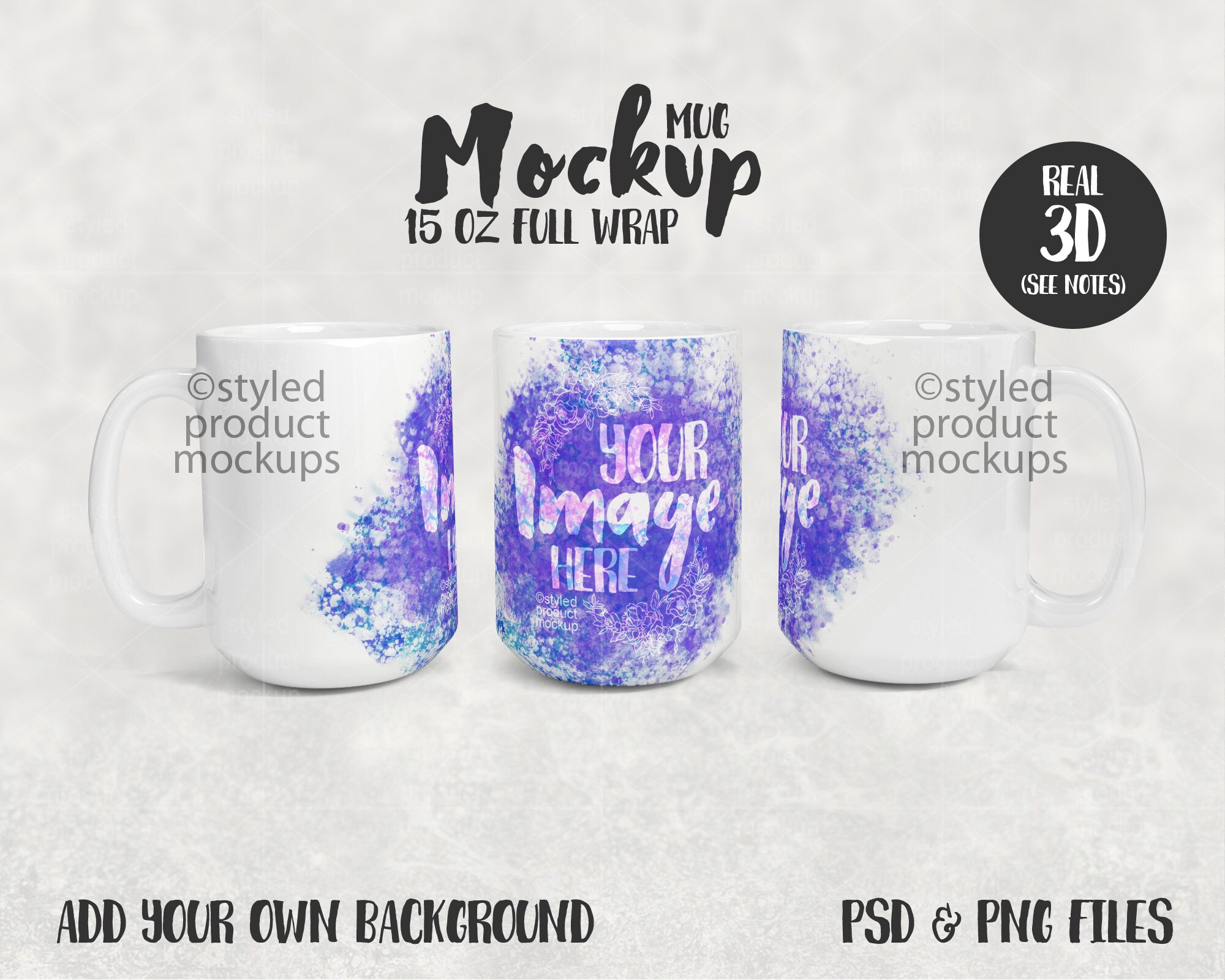 Dye sublimation 15 oz coffee mug full wrap view mockup Add Etsy