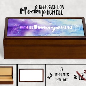 May include: A wooden keepsake box mockup with a watercolor design on the lid. The lid is open and the inside of the box is visible. The text "Your Image Here" is on the lid. The text "Keepsake Box Mockup Bundle" is above the box. The text "3 Templates Included" is below the box. The text "$12" is crossed out and the text "$8" is next to it.
