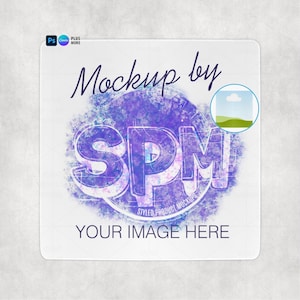 May include: A square white mockup with rounded corners featuring a purple and blue watercolor design. The text "Mockup by SPM" is displayed in a script font, with "YOUR IMAGE HERE" below. A small image placeholder is in the upper right.