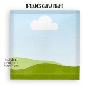 May include: A digital mockup of a canvas frame with a blue sky and a white cloud. The bottom of the frame is a green grassy hill.
