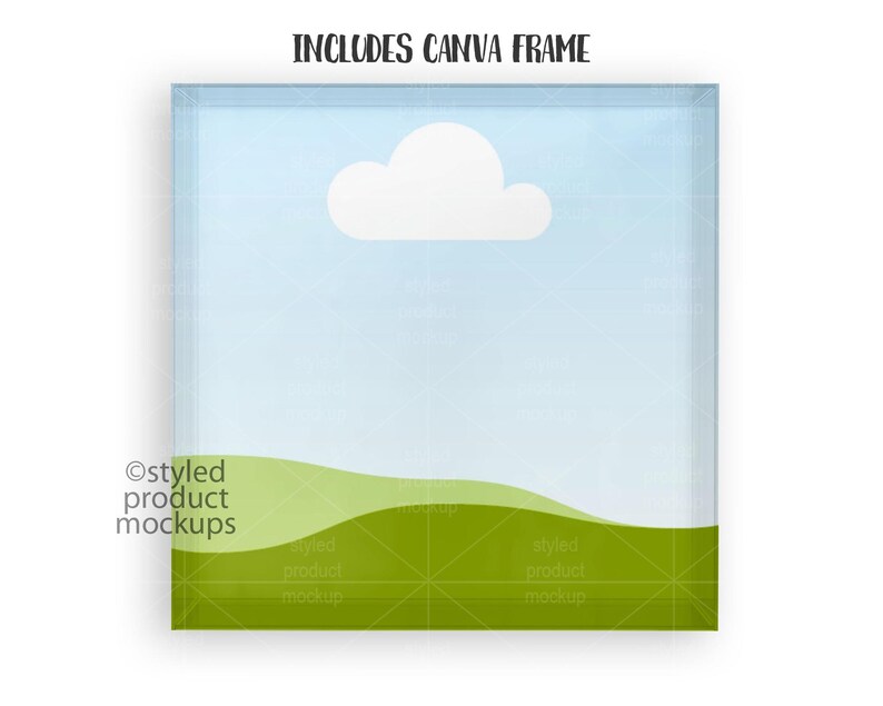 May include: A digital mockup of a canvas frame with a blue sky and a white cloud. The bottom of the frame is a green grassy hill.