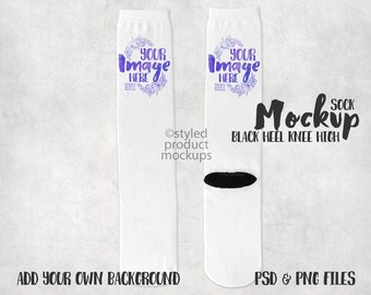 Dye sublimation knee high sock with black heel mockup | Add your own image and background