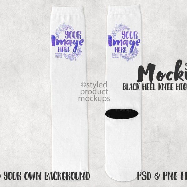 Dye sublimation knee high sock with black heel mockup | Add your own image and background