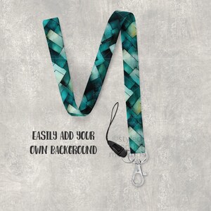 May include: A teal and white patterned lanyard with a black clasp and silver-colored metal clip. The lanyard has the text "EASILY ADD YOUR OWN BACKGROUND".