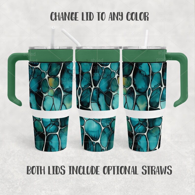 May include: Three tumblers with green handles and lids, featuring a teal and blue abstract pattern. The tumblers have white bases and include optional straws. The text "CHANGE LID TO ANY COLOR" and "BOTH LIDS INCLUDE OPTIONAL STRAWS" are visible.