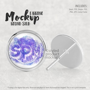 May include: A silver round earring mockup with a purple and white watercolour design featuring the text "SPM".