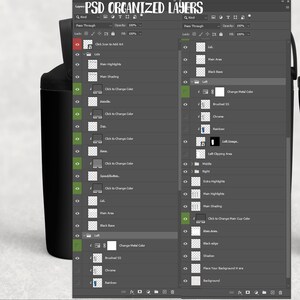 May include: A black coffee cup with a handle is displayed next to a computer screen showing a layered Photoshop file. The screen displays the text "PSD ORGANIZED LAYERS" at the top, with various layer options and color adjustments visible.