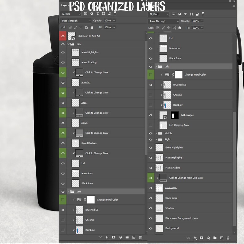 May include: A black coffee cup with a handle is displayed next to a computer screen showing a layered Photoshop file. The screen displays the text "PSD ORGANIZED LAYERS" at the top, with various layer options and color adjustments visible.