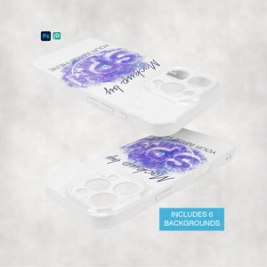 Pode incluir: Duas capas de telefone brancas com um design roxo e azul. O texto "Mockup by SPM" e "YOUR IMAGE HERE" &eacute; vis&iacute;vel nas capas. A imagem tamb&eacute;m inclui o texto "INCLUDES 6 BACKGROUNDS".