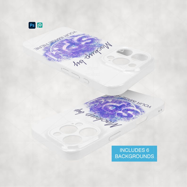 Pode incluir: Duas capas de telefone brancas com um design roxo e azul. O texto "Mockup by SPM" e "YOUR IMAGE HERE" &eacute; vis&iacute;vel nas capas. A imagem tamb&eacute;m inclui o texto "INCLUDES 6 BACKGROUNDS".