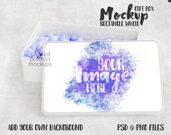 Maqueta de caja de hojalata rectangular de metal con sublimación de tinta / Agregue su propia imagen y fondo