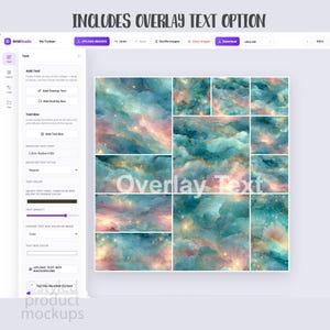 May include: A digital interface for a photo collage maker titled GridStudio, featuring a multi-panel layout filled with abstract teal, pink, and gold cloud-like patterns. The central panel displays the white text Overlay Text.