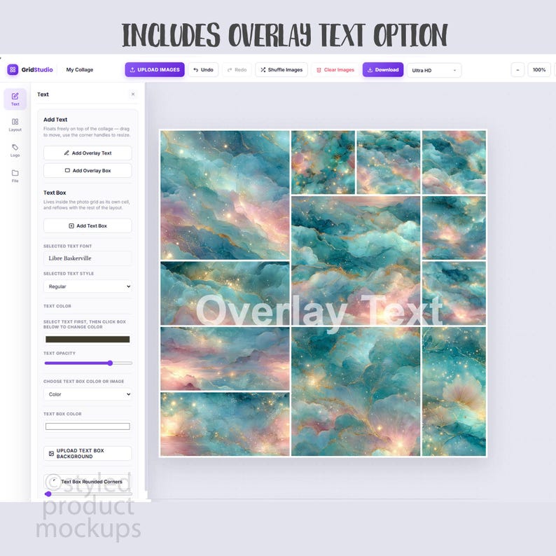 May include: A digital interface for a photo collage maker titled GridStudio, featuring a multi-panel layout filled with abstract teal, pink, and gold cloud-like patterns. The central panel displays the white text Overlay Text.