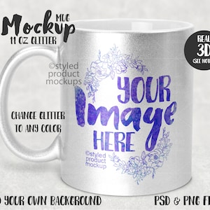 Dye sublimation 11oz glitter mug mockup | Add your own image and background
