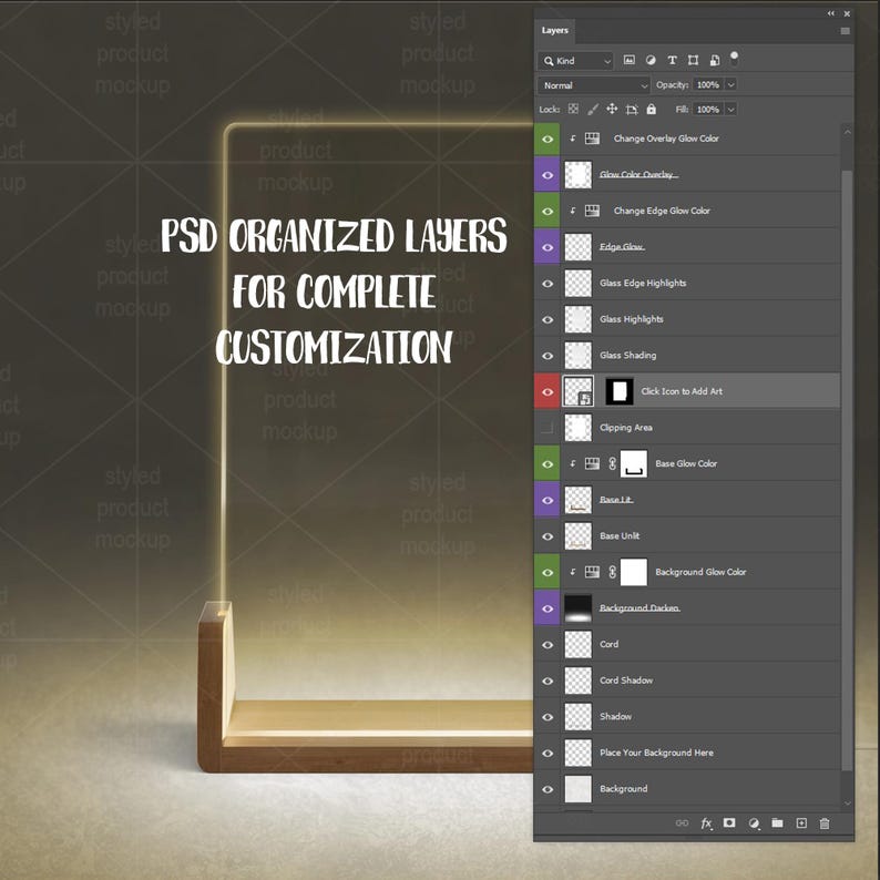 Może przedstawiać: Cyfrowa makieta produktu z świecącą prostokątną ramą i drewnianą p&oacute;łką. Wyświetlany jest tekst "PSD ORGANIZED LAYERS FOR COMPLETE CUSTOMIZATION". Widoczny jest interfejs pliku Photoshop z warstwami.