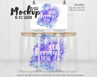 Dye sublimation 16oz clear glass can tumbler Mockup farmhouse view | Add your own image and background