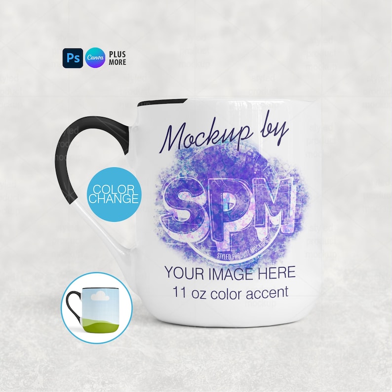 May include: White ceramic mug with a black handle and rim, featuring the text "Mockup by SPM" and "YOUR IMAGE HERE". The mug has a color accent and holds 11 oz. A small image shows a sample design.