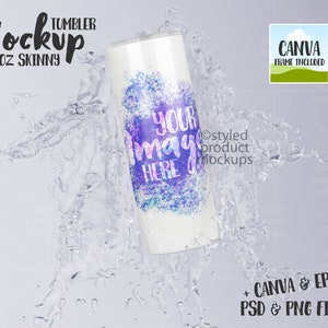Dye sublimation 20oz skinny tumbler with water splash Mockup | Add your own image | Canva frame mockup