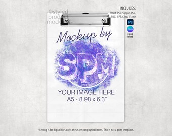 May include: A white clipboard with a silver metal clip at the top. The clipboard features the text "Mockup by SPM" over a purple and blue design. The text "YOUR IMAGE HERE" is below, with dimensions A5 - 8.98 x 6.3 inches.