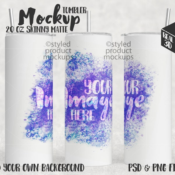 20oz skinny matte white tumbler Mockup full wrap view | Add your own image and background | dye sublimation mockup