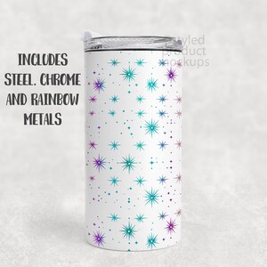 May include: White tumbler with a pattern of teal and purple starbursts and small dots. The tumbler includes steel, chrome, and rainbow metals. The tumbler has a clear lid and is designed for cold beverages.
