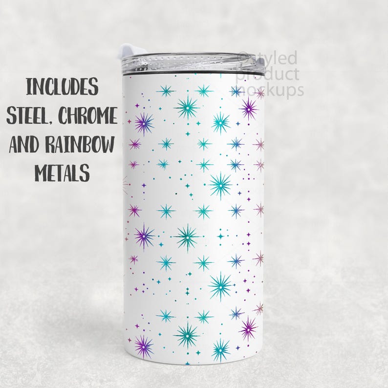 May include: White tumbler with a pattern of teal and purple starbursts and small dots. The tumbler includes steel, chrome, and rainbow metals. The tumbler has a clear lid and is designed for cold beverages.