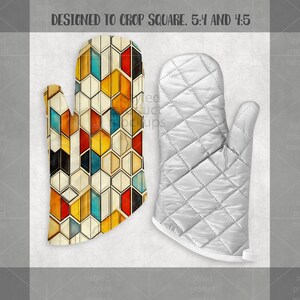 May include: Two oven mitts. One features a geometric pattern with yellow, orange, red, blue, and black shapes. The other is a quilted white mitt. The text "DESIGNED TO CROP SQUARE. 5:4 AND 4:5" is at the top.