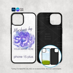 May include: Two phone cases, one white and one black, with a black border. The white case features a purple and blue design with the text "Mockup by SPM" and "YOUR IMAGE HERE" and "phone 15 plus". The black case is plain.