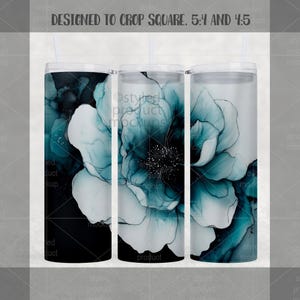 May include: Three stainless steel tumblers with lids and straws. Each tumbler features a teal and white floral design. The text "DESIGNED TO CROP SQUARE. 5:4 AND 4:5" is at the top. The tumblers are decorated with a large flower.
