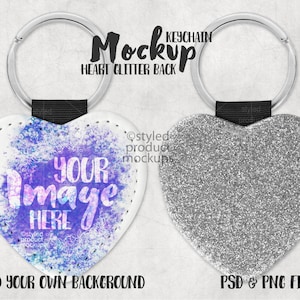 Dye sublimation heart PU leather keychain with glitter back mockup | Add your own image and background