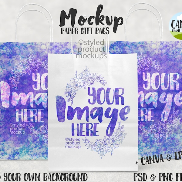Paper gift bag with handles mockup | Add your own image and background | Canva frame mockup