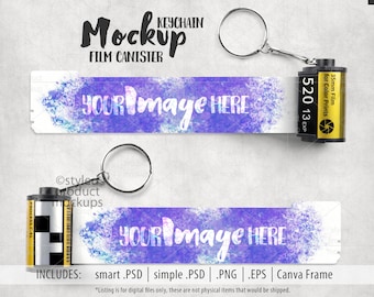 May include: A film canister keychain mockup with a silver keyring. The design features a purple and blue watercolour effect with the text "YOUR image HERE". The film canister is black and yellow with the text "520 13 EXP".